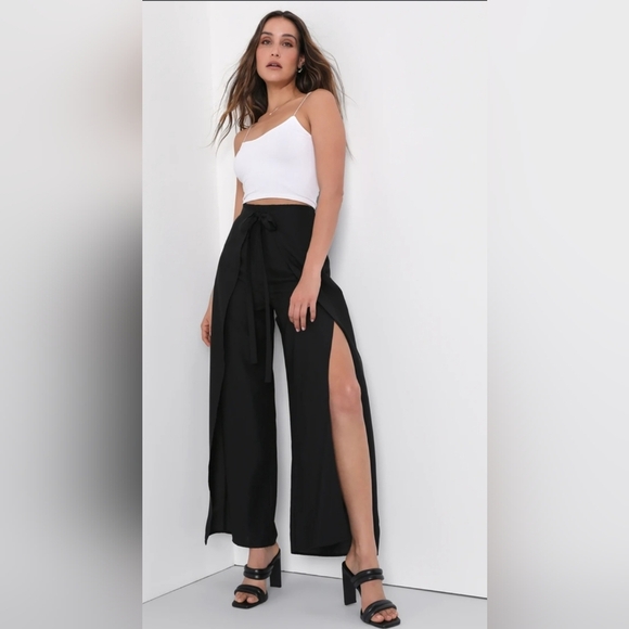 Lulu's SZ L Black Bright & Breezy Tie Front Culotte Wide Leg Side Slit Pants - Picture 12 of 14
